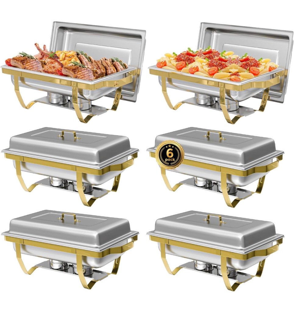 Chaffing Pan 8QT (Set of 6) - Stainless Steel with Gold Framing